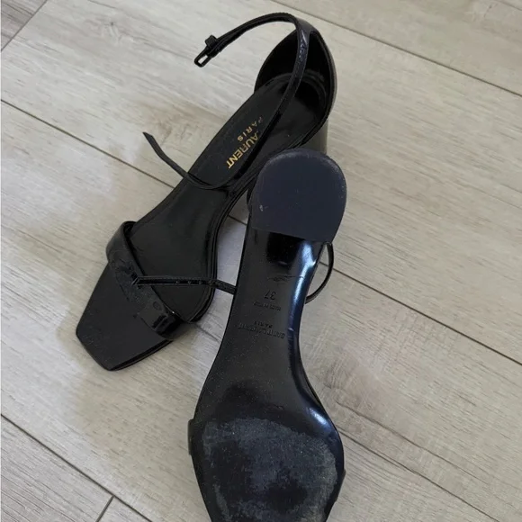 Saint Laurent Black Patent Leather Square-Toe Ankle-Strap Heels - Picture 3 of 4